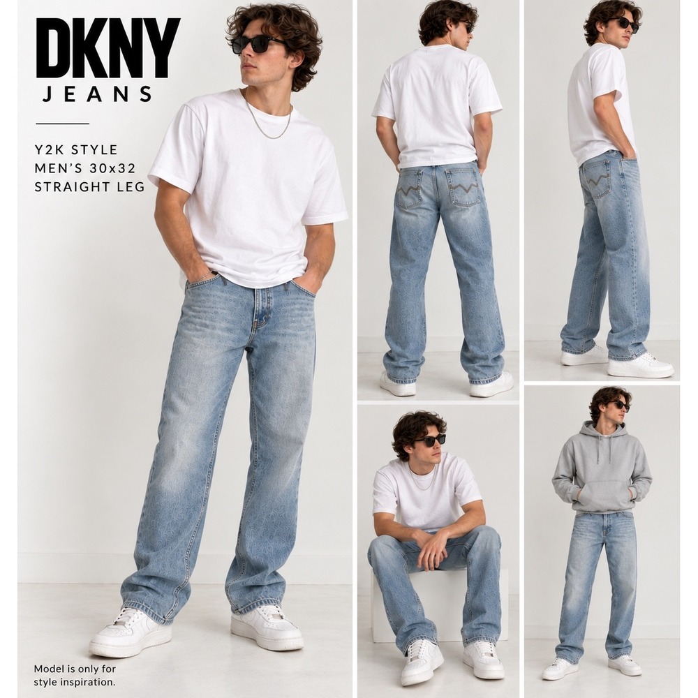 Y2K DKNY Jeans Mens 30x32 Blue Cotton Straight Leg Light Wash Embroidered Denim